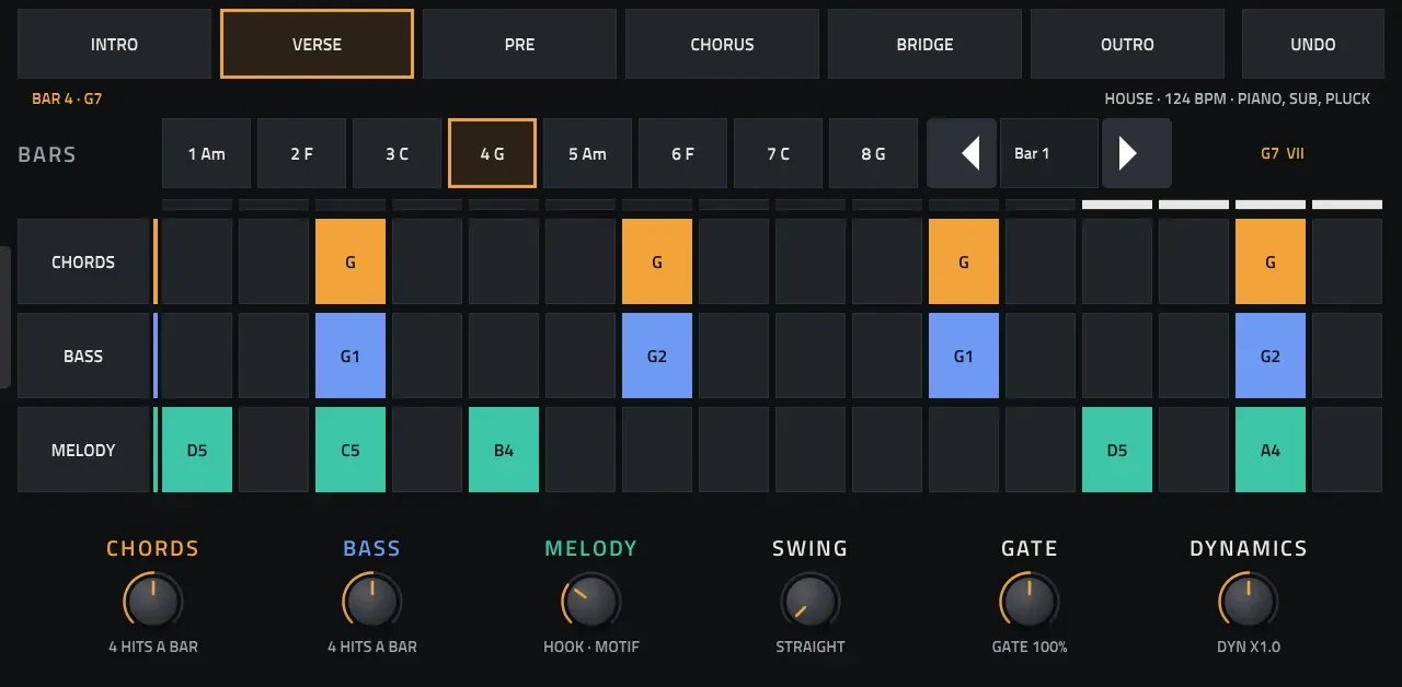 Cadenza's CHORDS JAM page: six genre columns of five blocks each, and eight knobs